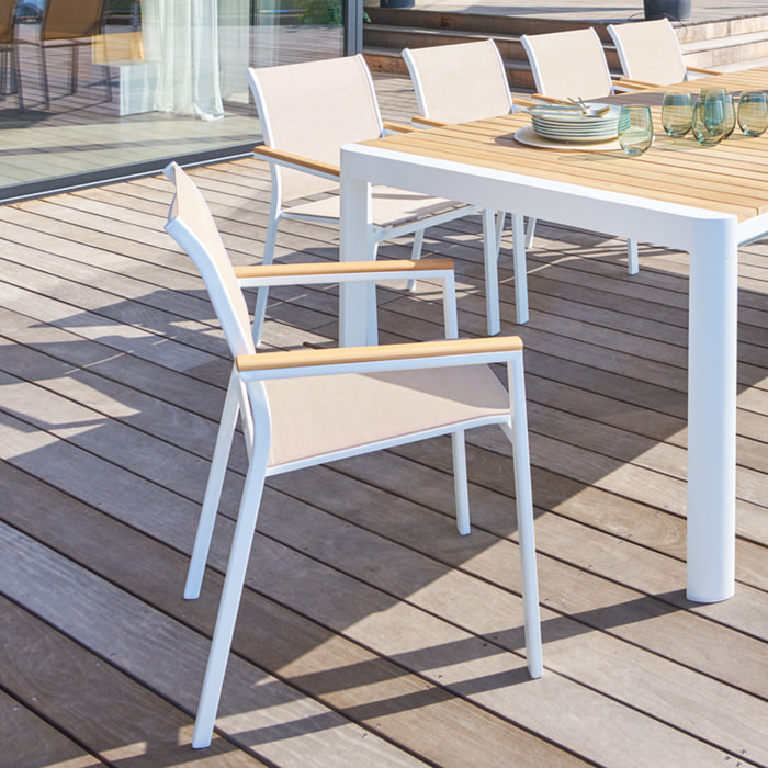 Fauteuil de jardin empilable "Essentia" lin blanc & acacia en aluminium