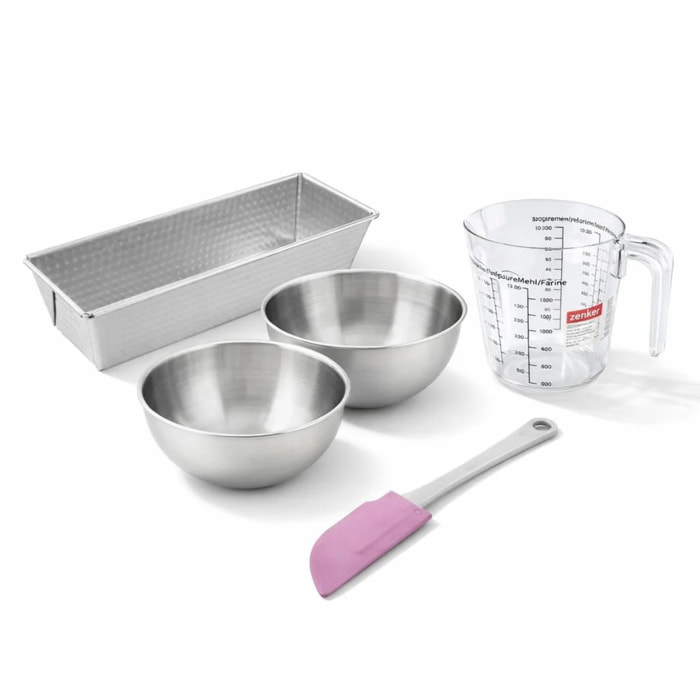 Set pâtisserie avec moule à cake acier, 2 bols à mixer, verre mesureur et spatule Zenker