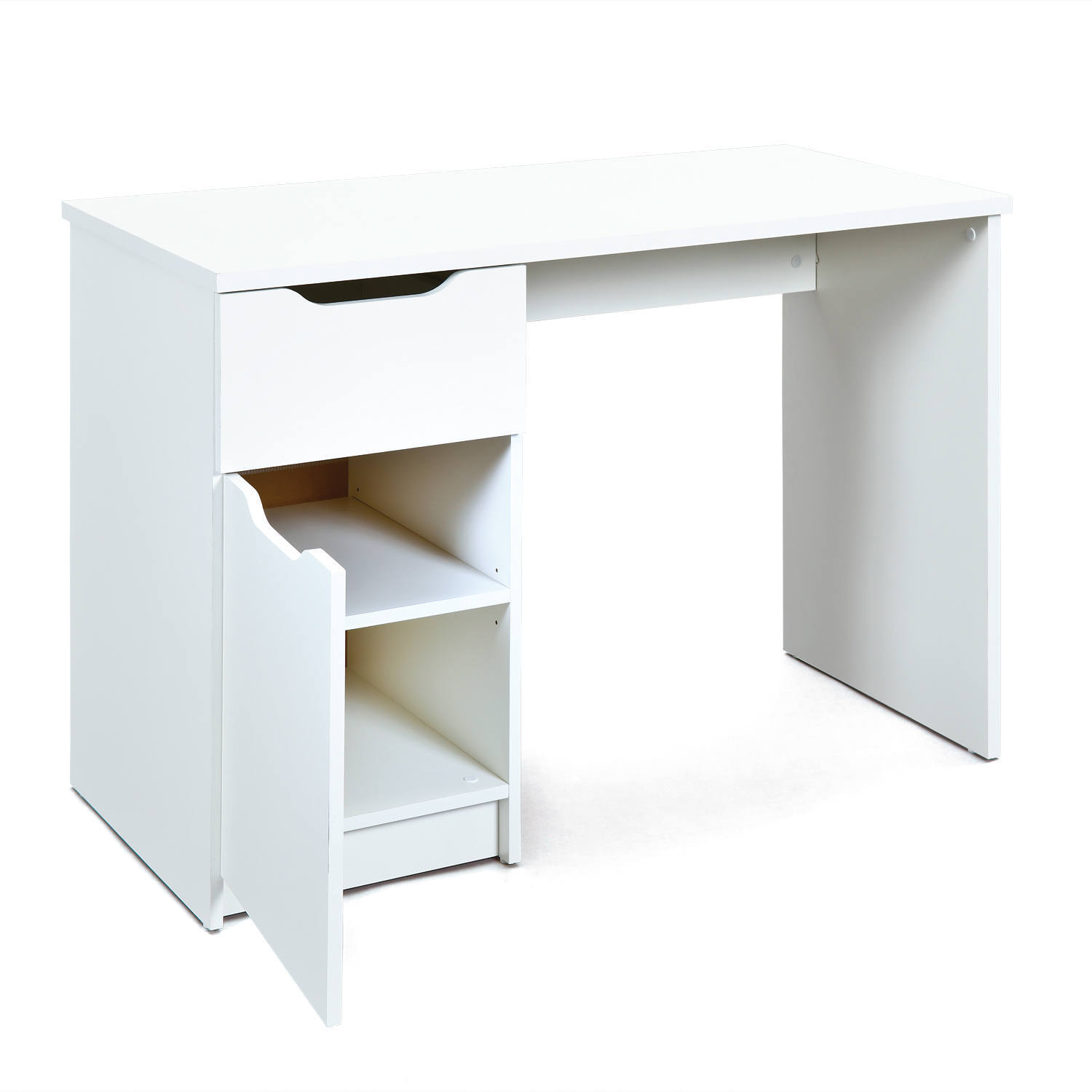 Scrivania con cassetto e anta laterale, colore bianco, cm 115 x 76 x 55.