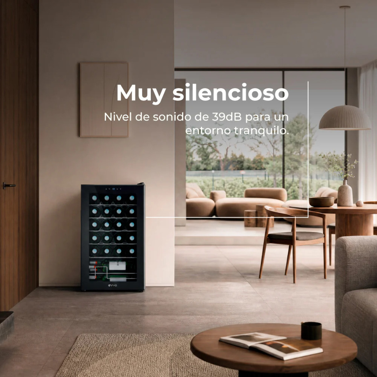 Vinoteca EVVO VT24, capacidad 24 botellas, compresor, 12ºC regulable, auto-defrost, 45 dB, 5 baldas, diseño compacto