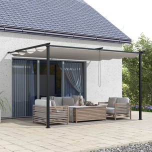 Pérgola de Pared de Jardín 4x3 m Gazebo Exterior Cenador con Techo Retráctil Tela de Poliéster y Marco de Acero para Patio Terraza Balcón Crema