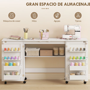 Mesa de Costura Plegable con 6 Ruedas, Mueble para Máquina de Coser con 20 Clavijas para Hilos, 4 Compartimentos, Estante, Armario de Costura para Estudio, Salón, Dormitorio, Blanco