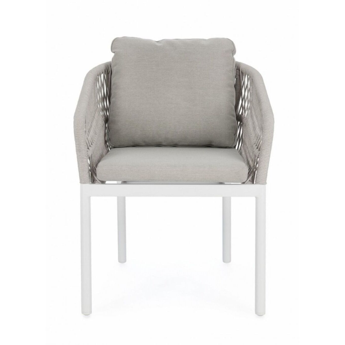 Set di 4 poltroncine GALDANA in alluminio bianco con intreccio in corda grigio, con braccioli