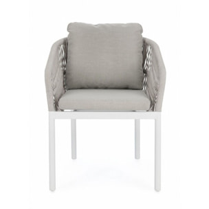 Set di 4 poltroncine GALDANA in alluminio bianco con intreccio in corda grigio, con braccioli