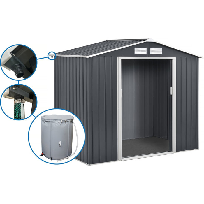 Abri de jardin métal - "Vegas" - 5.29 m² avec gouttière et récupérateur d'eau - Gris