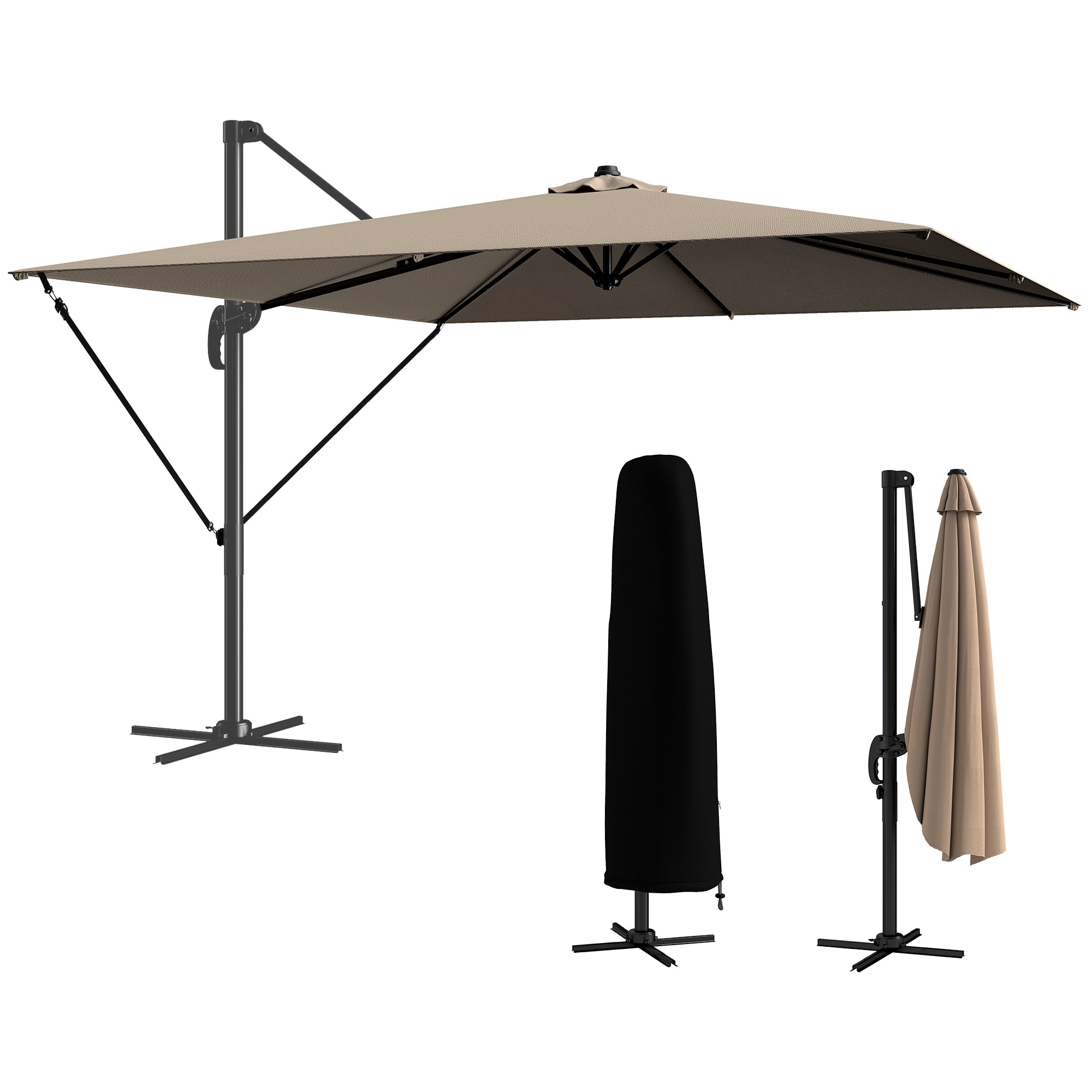 Sombrilla de Jardín 2,9x2,9 m, Parasol Excéntrico de Aluminio con Manivela, Toldo Giratorio 360°, Inclinación Ajustable, Base Cruzada y Funda, UPF30+, Sombrilla para Terraza Exterior, Caqui