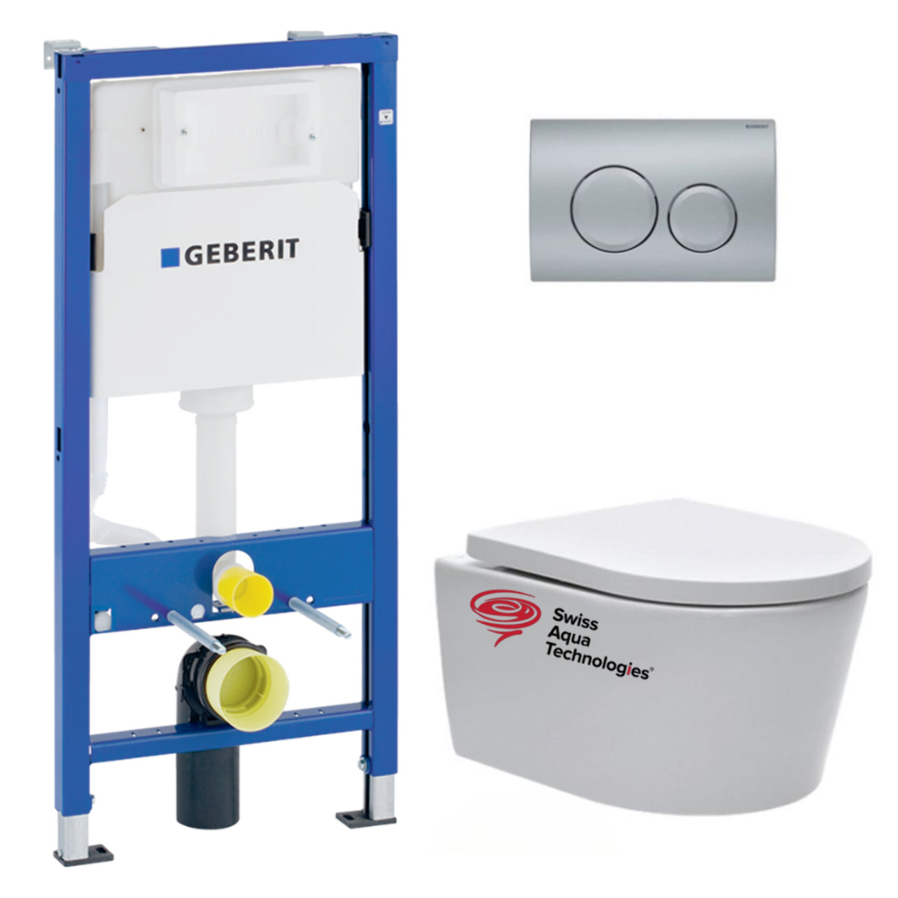 Pack WC sans bride SAT, fixations invisibles + Abattant softclose + Bâti support Geberit UP100 + Plaque chrome mat