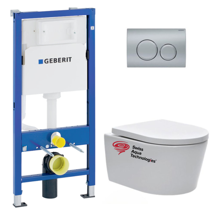 Pack WC sans bride SAT, fixations invisibles + Abattant softclose + Bâti support Geberit UP100 + Plaque chrome mat