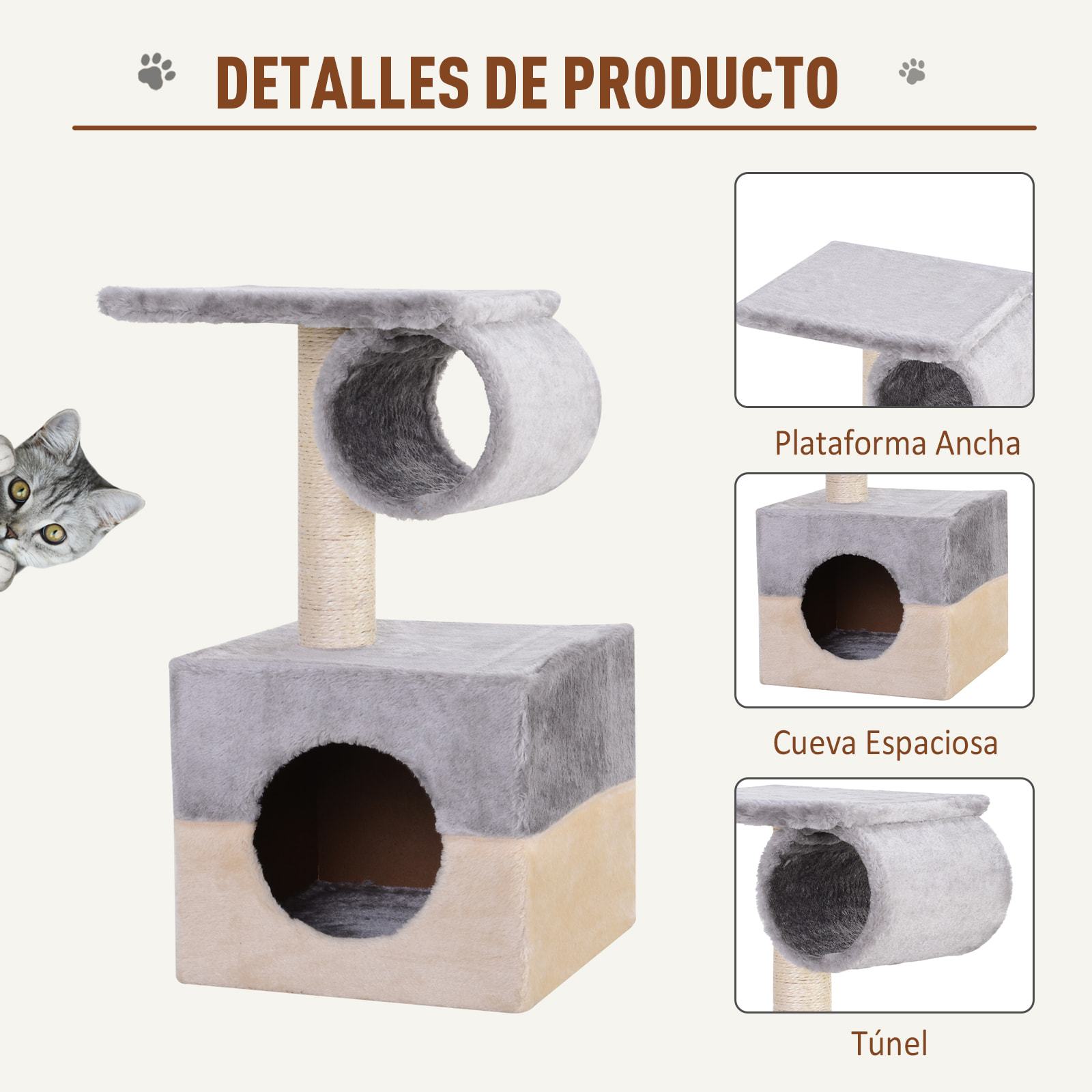 Rascador árbol para Gatos de Felpa 31x31x58cm Gris y Crema