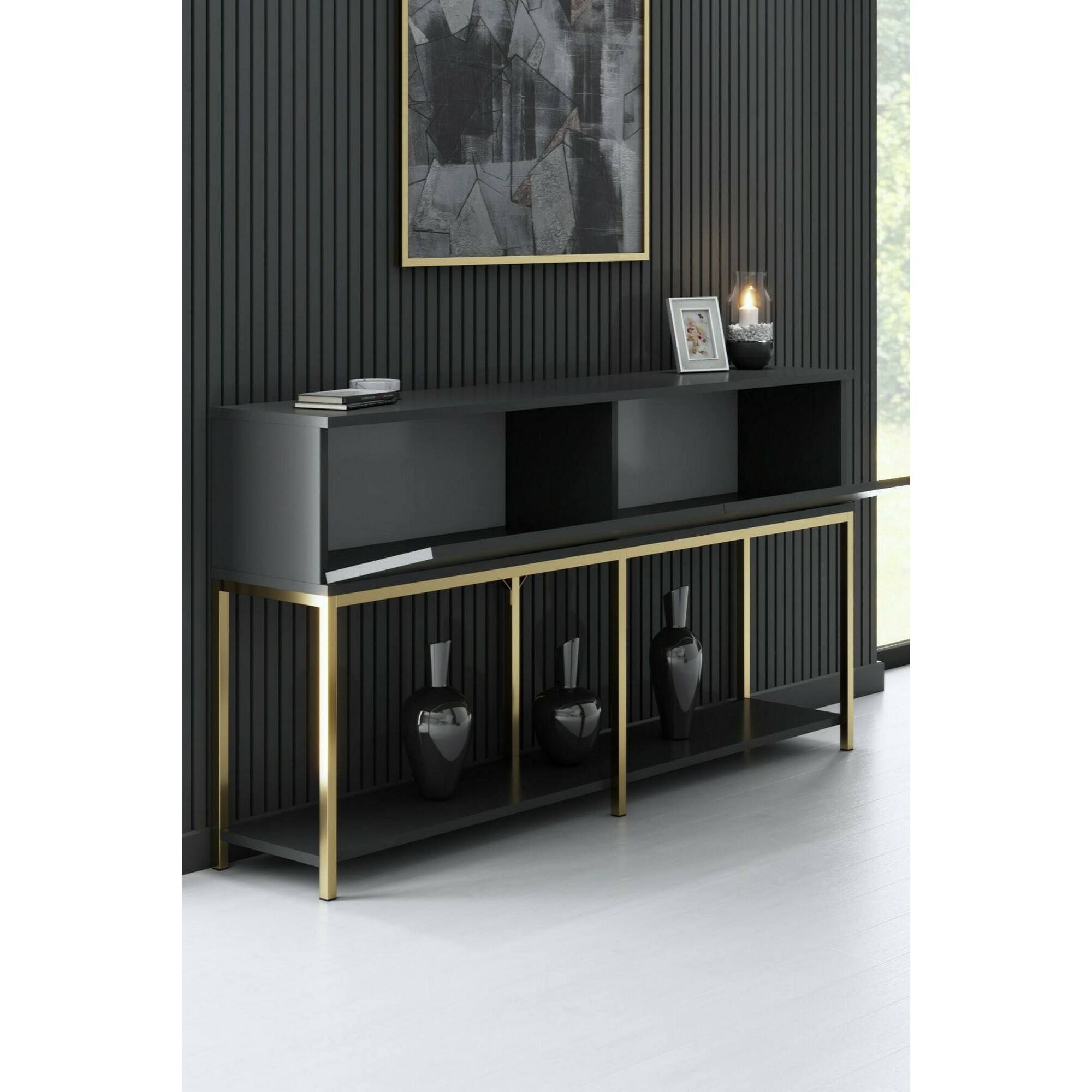 Credenza Djimsit, Buffet da soggiorno, Madia da salotto, Dispensa da cucina, 150x30h80 cm, Antracite e Oro