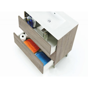 Mobile sottolavabo Lancaster, Mobiletto per bagno, Armadio a 3 cassetti e specchio, lavabo non incluso, cm 80x45h86, Rovere