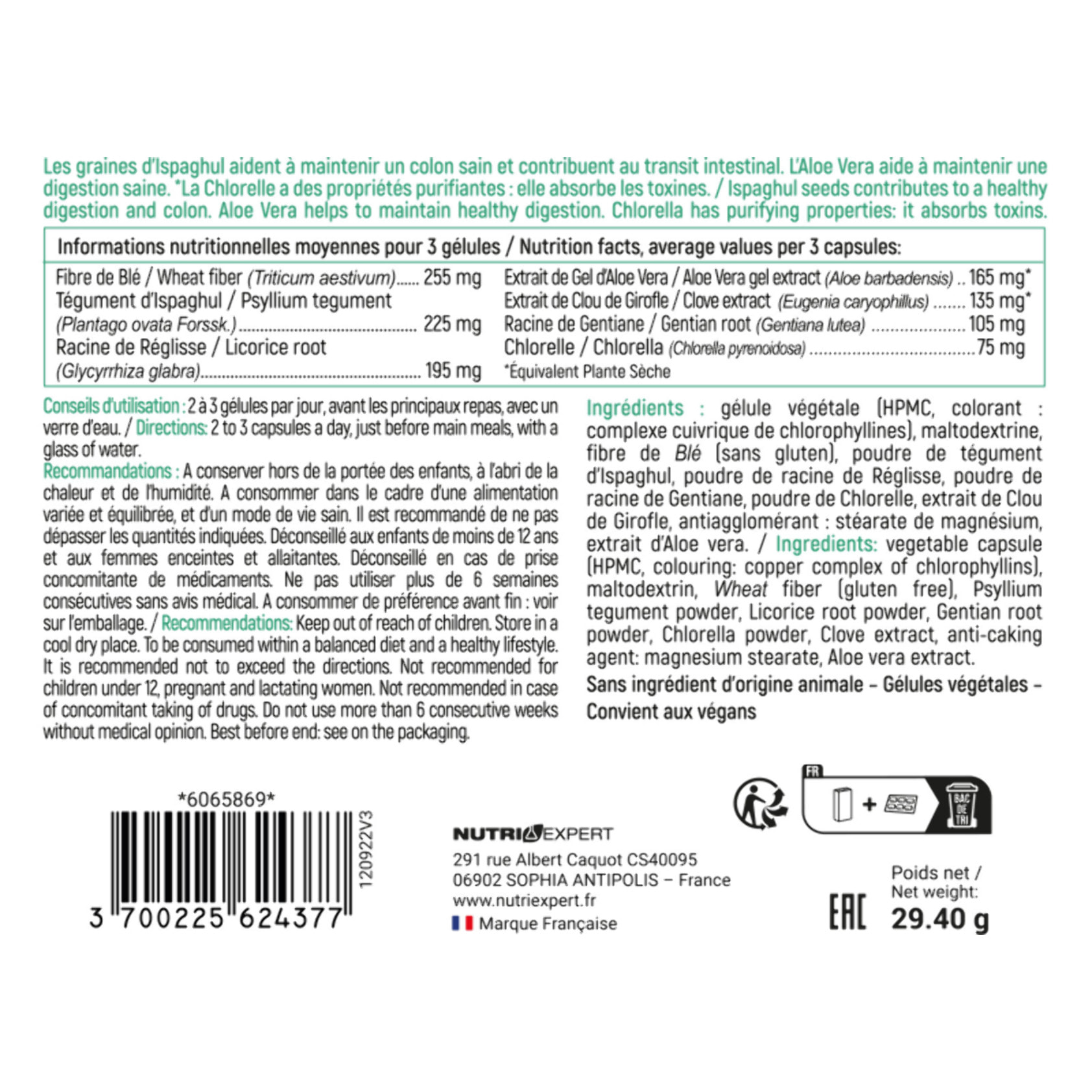 NUTRI EXPERT - Colon Detox - Complément alimentaire à base de plantes - Purifie et détoxifie le côlon - Sans ingrédients d'origine animale - Vegan - Fabriqué en France - 60 gélules