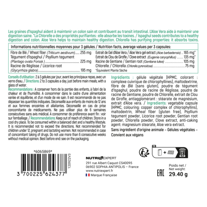 NUTRI EXPERT - Colon Detox - Complément alimentaire à base de plantes - Purifie et détoxifie le côlon - Sans ingrédients d'origine animale - Vegan - Fabriqué en France - 60 gélules