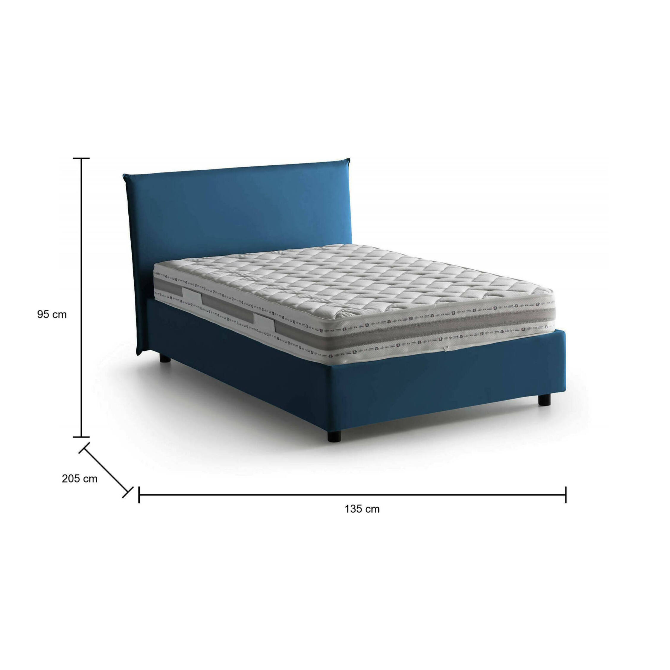 Letto piazza e mezza Asmara, Letto contenitore con rivestimento in tessuto, 100% Made in Italy, Apertura frontale, con materasso Cm 120x190 incluso, Blu