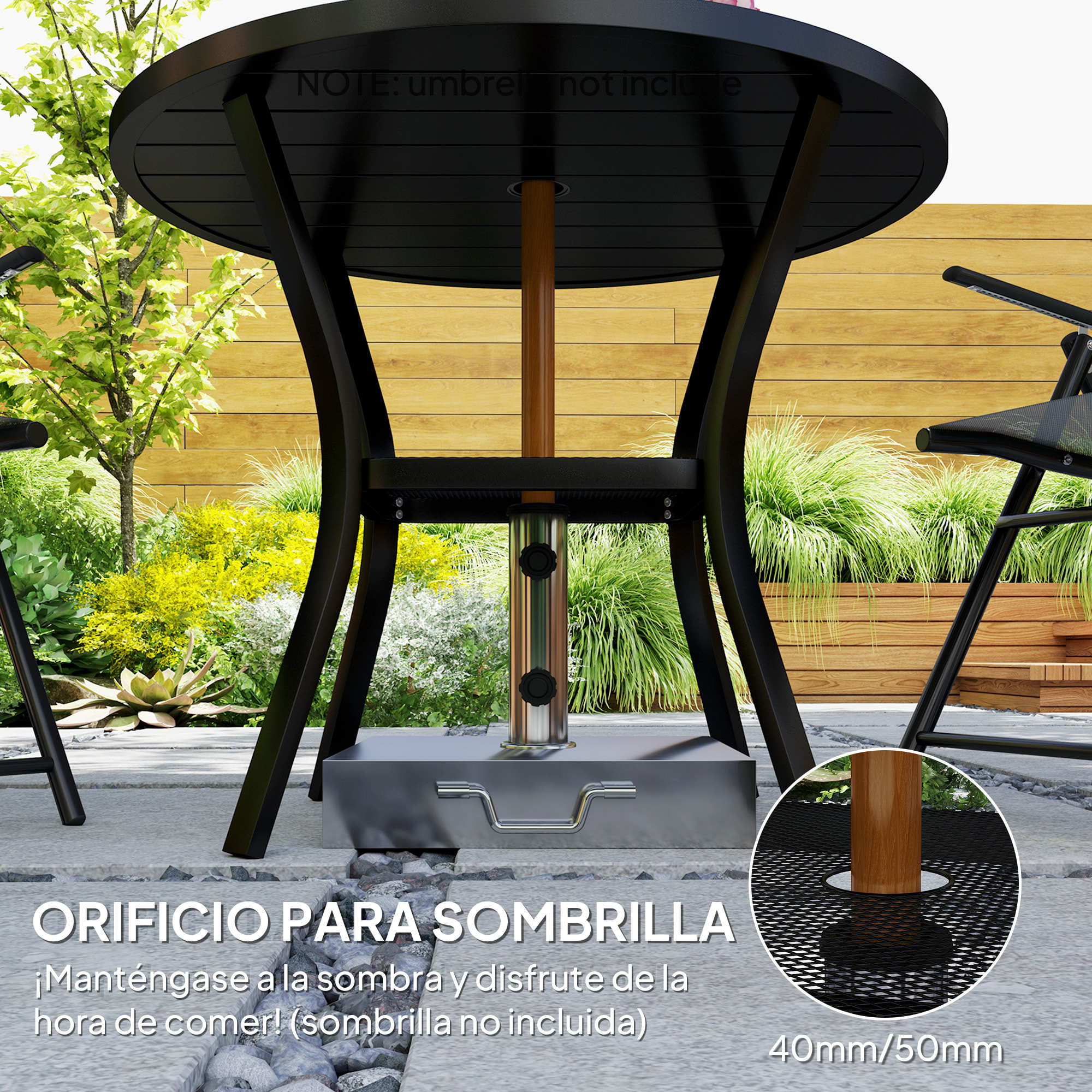 Mesa de Jardín Exterior con Orificio para Sombrilla Mesa de Comedor Exterior Redonda con Encimera de Metal Estante Inferior y Estructura de Acero para Patio Terraza Ø90x73 cm Negro