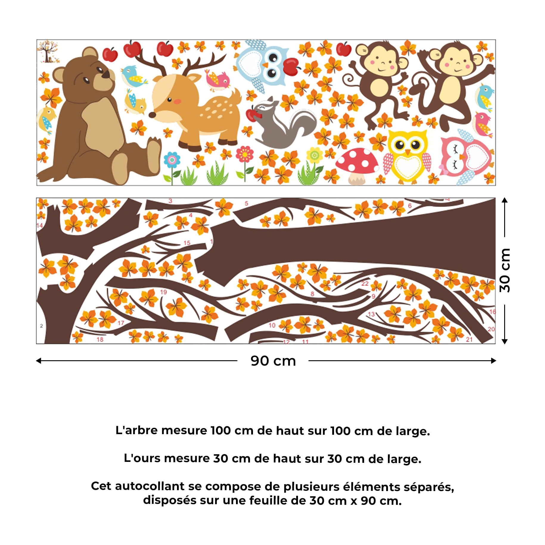 Stickers Muraux décoration adhésifs arbre géant avec hibou, singe et ours