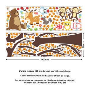 Stickers Muraux décoration adhésifs arbre géant avec hibou, singe et ours