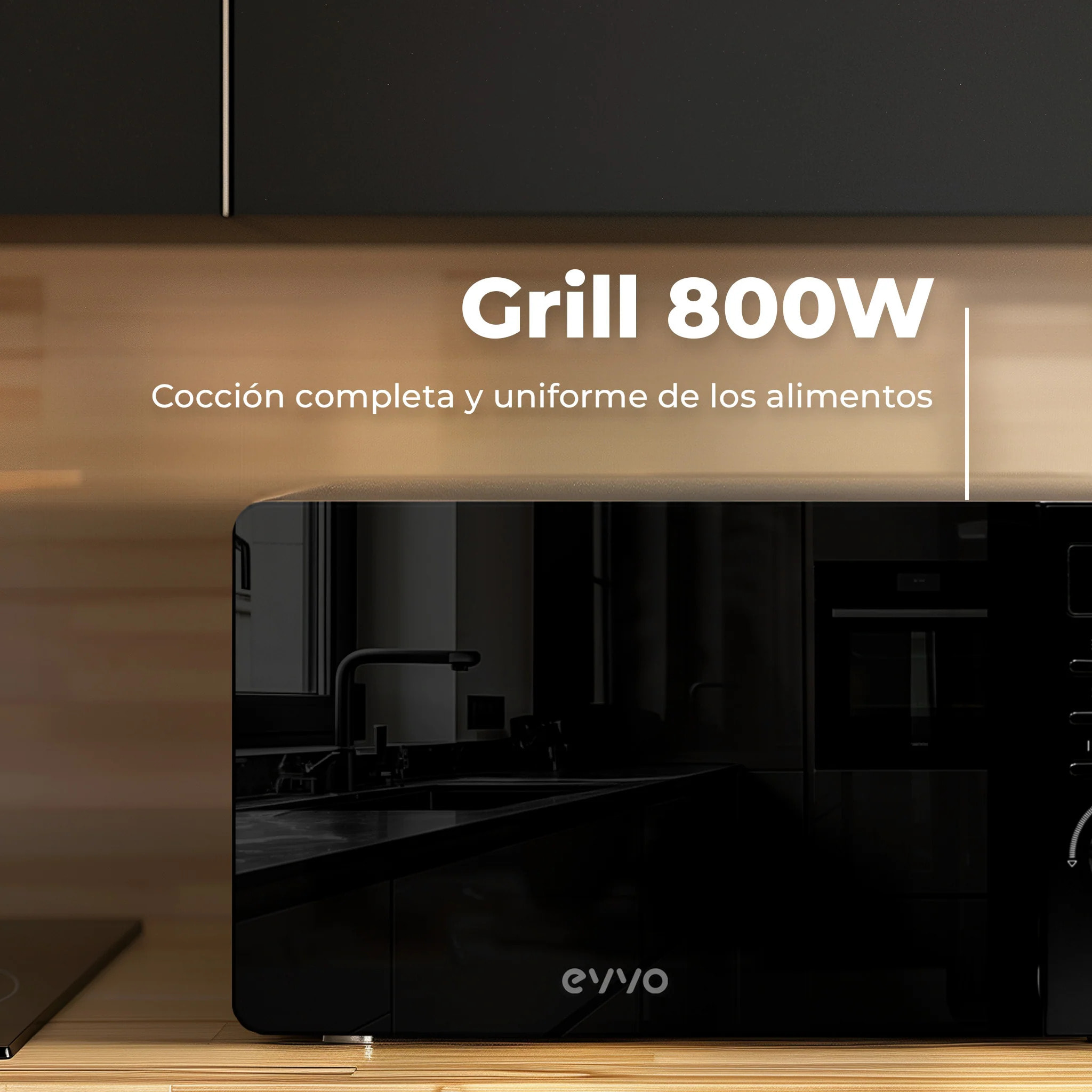 EVVO Microondas M20 Black, 20L de Capacidad, Grill 800W, Puerta Efecto Espejo, Multifunción, Función Descongelar, Temporizador 60 Minutos,Display Digital (Acabado Negro)