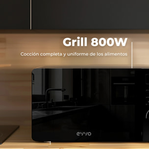 EVVO Microondas M20 Black, 20L de Capacidad, Grill 800W, Puerta Efecto Espejo, Multifunción, Función Descongelar, Temporizador 60 Minutos,Display Digital (Acabado Negro)