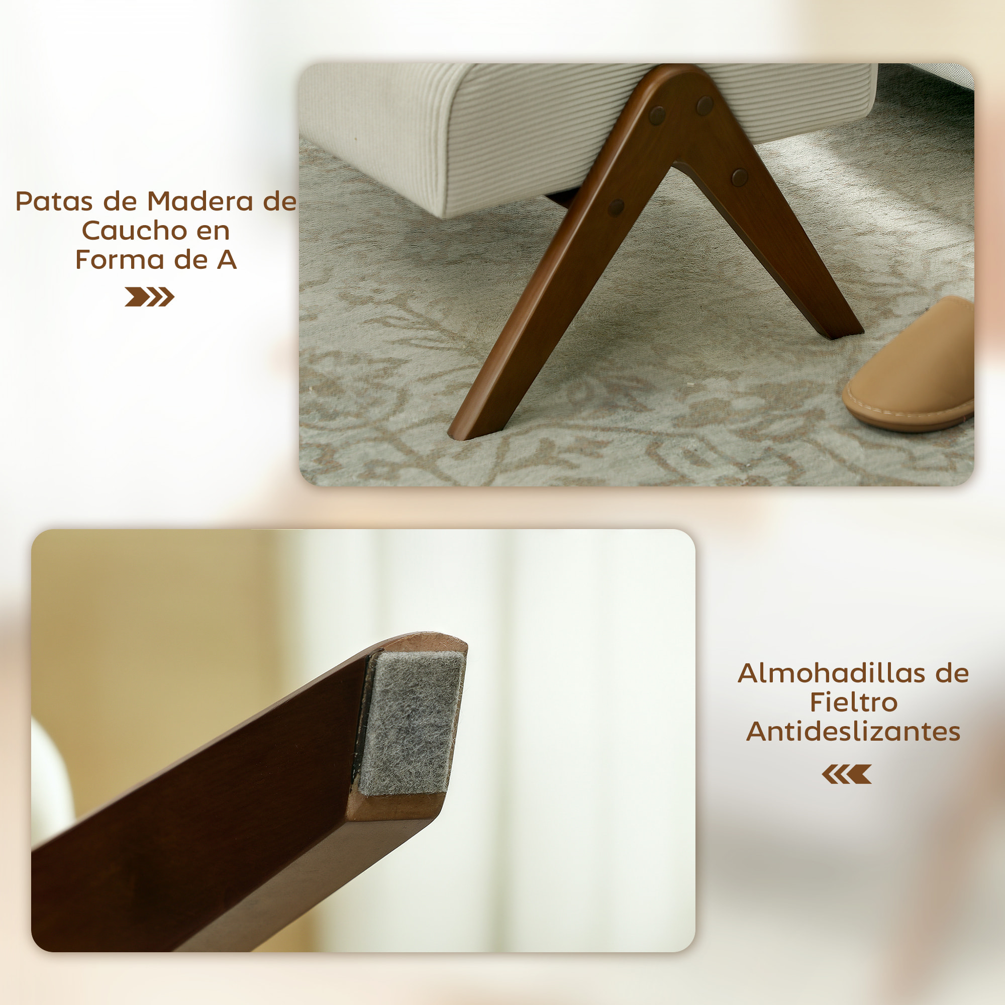 Reposapiés de Salón Taburete Bajo Tapizado en Pana Otomana Rectangular con Asiento Acolchado y Patas de Madera para Sala de Estar Dormitorio Beige