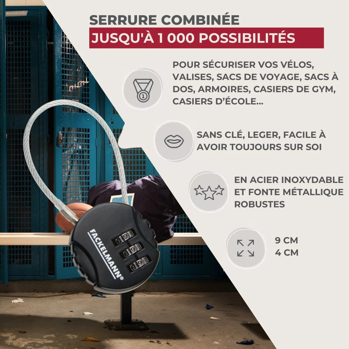Cadenas câble à code à 3 chiffres Fackelmann Tecno