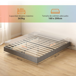 Somier Flotante 160x200 cm con Luces LED, Estructura de Cama, Tapizado en Lino, Láminas de Madera, Silencioso, Fácil de Montar, Gris