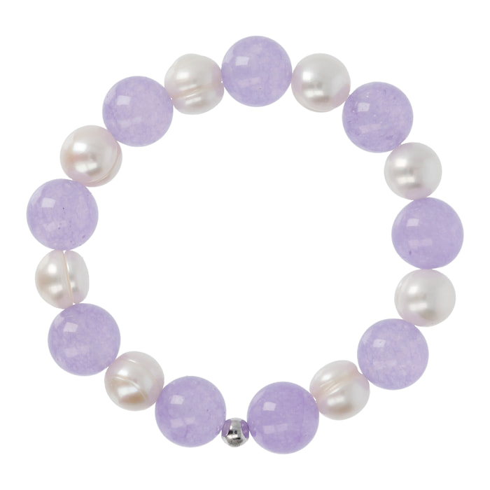 Bracciale Elastico con Perle d'Acqua Dolce Bianche e Quarzo Viola Ø 9.5/10.5