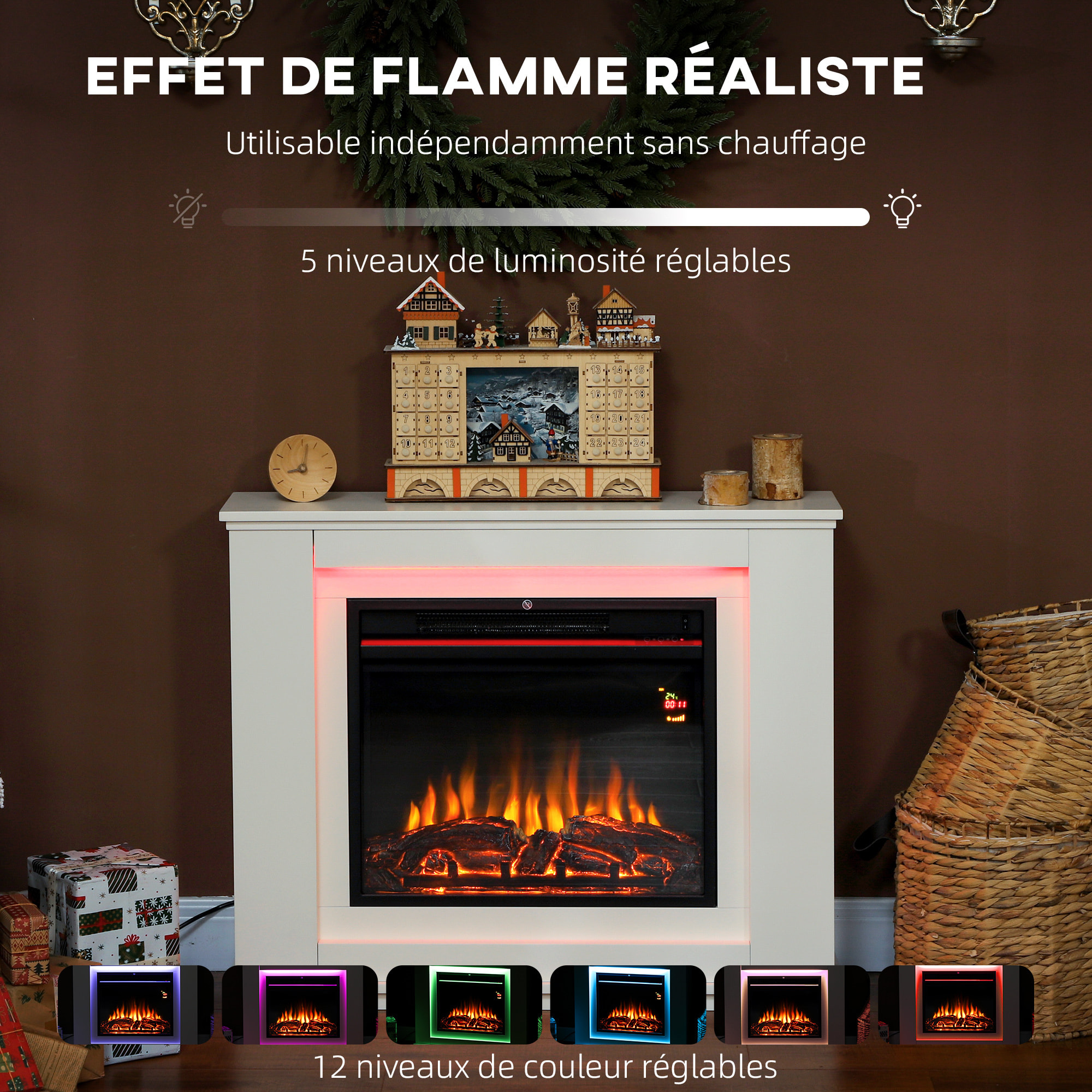 Cheminée électrique design LED multicolore grande taille 98 x 25 x 80 cm 2000W télécommande blanc