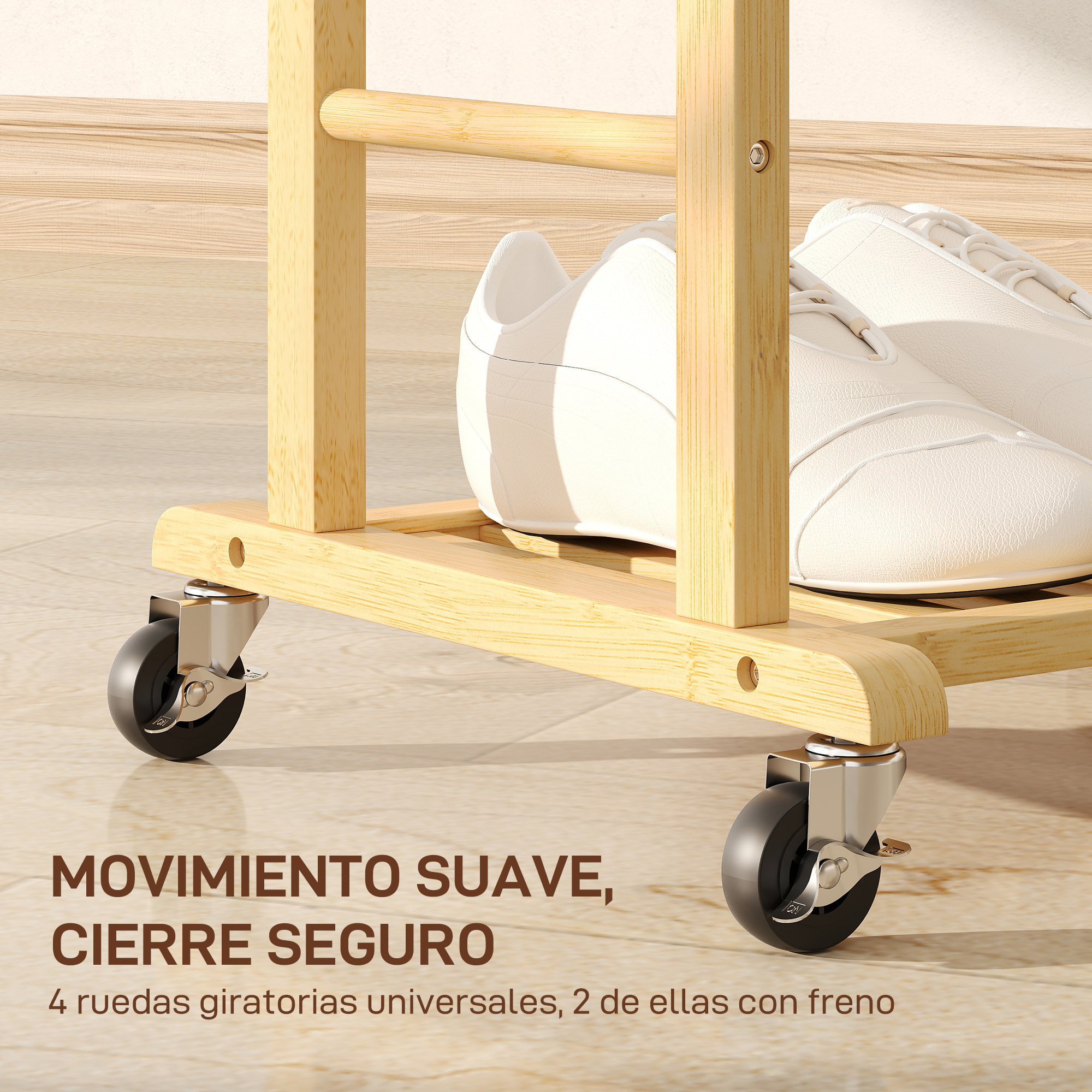 Galán de Noche de Bambú con Ruedas, Perchero Burro de Ropa con Barras para Pantalones y Balda Inferior para Zapatos, Estilo Nórdico, para Dormitotio, 47x33,7x105,5 cm, Natural y Blanco