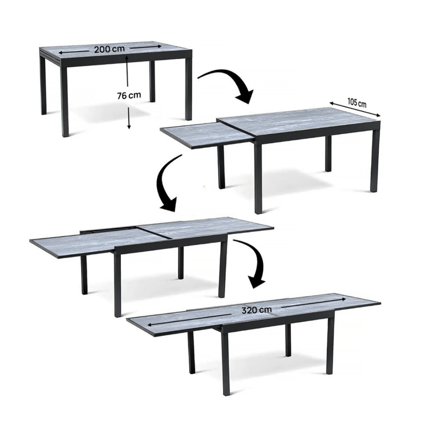 Table extensible et chaises de jardin en aluminium "Lagos" - 200/320 x 105 x 76 cm - 12 chaises - Noir