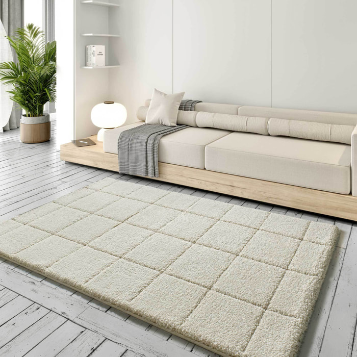 MOLIER Alfombra shaggy con formas abstractas en blanco, varias medidas disponibles.