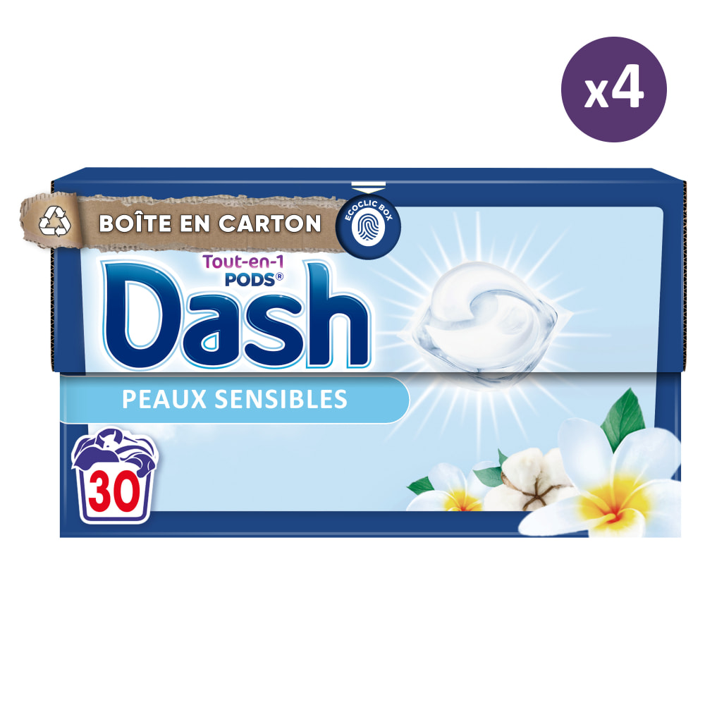 4x30 Pods Tout-en-1 Peaux Sensibles, Lessive en Capsules Dash