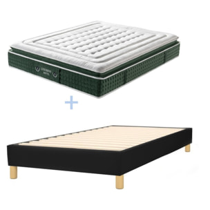 Ensemble matelas Emeraude & sommier déco| 33 cm | Mémoire de forme, gel et ressorts ensachés | Cadre à lattes | Simili cuir | Noir