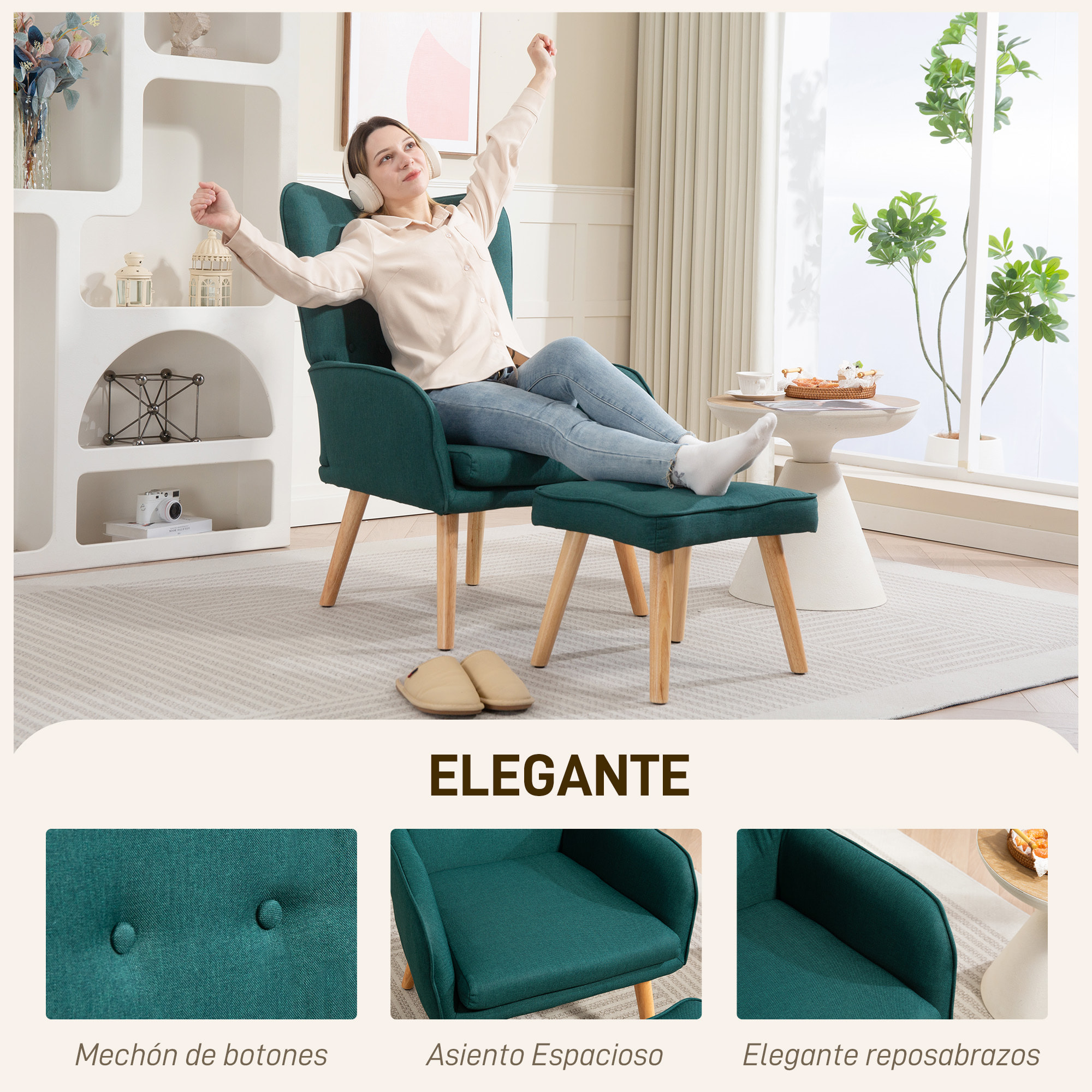 Sillón con Reposapiés Sillón Lectura con Respaldo Alto Capitoné Patas de Madera y Tapizado en Lino Butaca para Salón Dormitorio Oficina Verde Oscuro