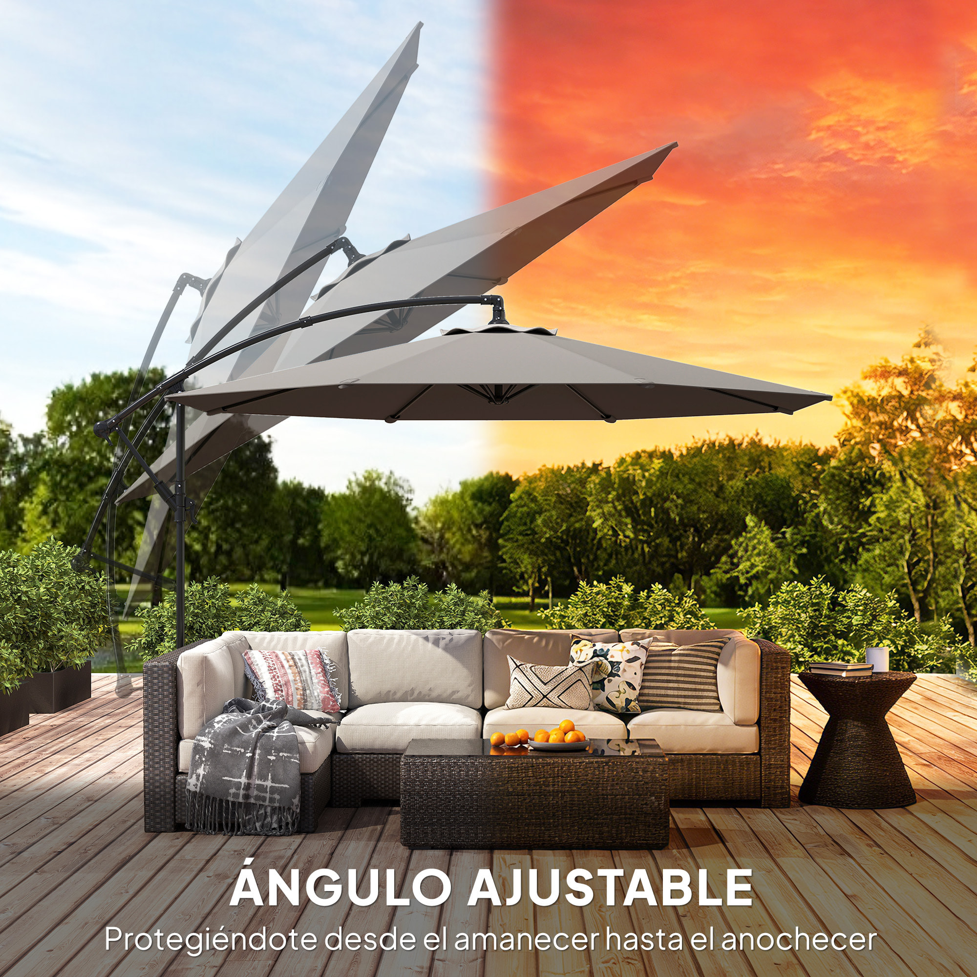 Parasol Excéntrico, Ø300 cm, Sombrilla de Jardín con Base Cruzada, Toldo Ajustable, Manivela, 8 Barras, UPF30+, para Terraza, Patio, Exterior, Gris