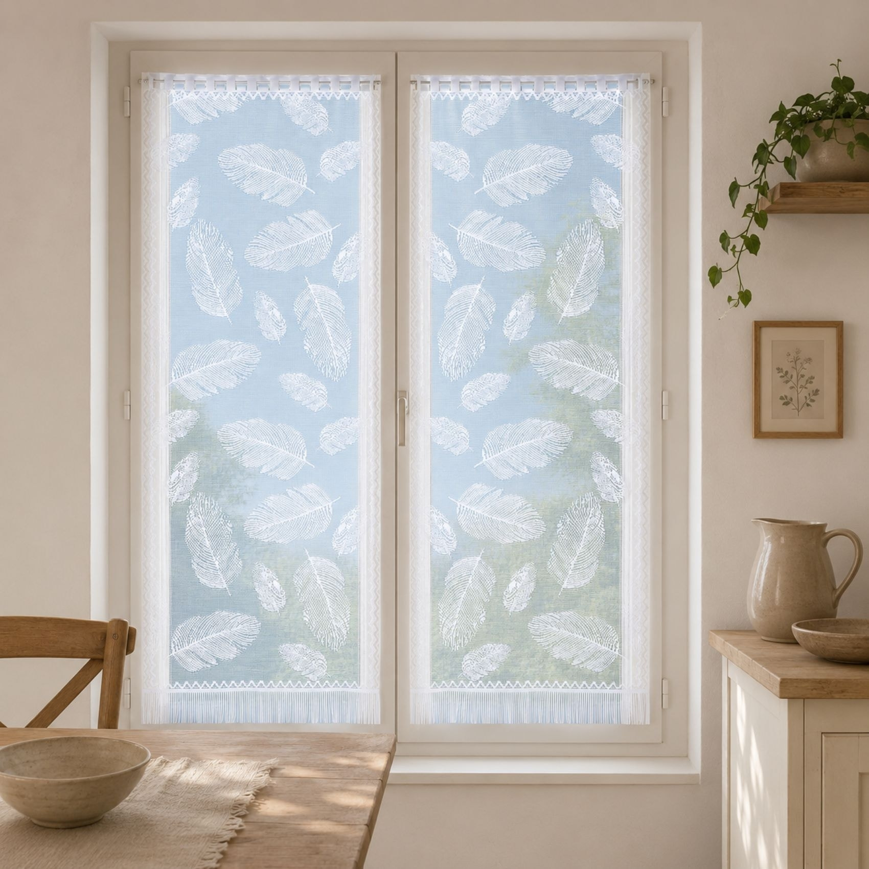Paire de vitrages frangés en dentelle motif plumes - Blanc