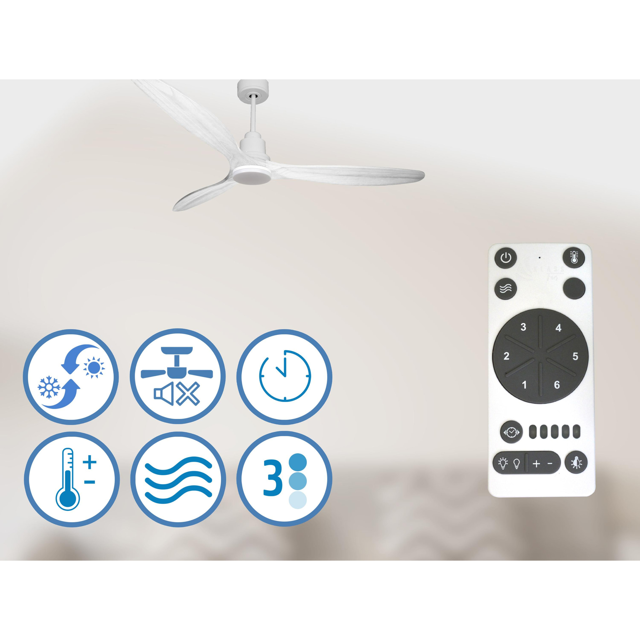 Ventilateur de plafond Réversible  Thermostat Dimmable Wifi Moteur à courant continu Toits en pente Télécommande Lumière à trois tons Hypersilence Mémoire