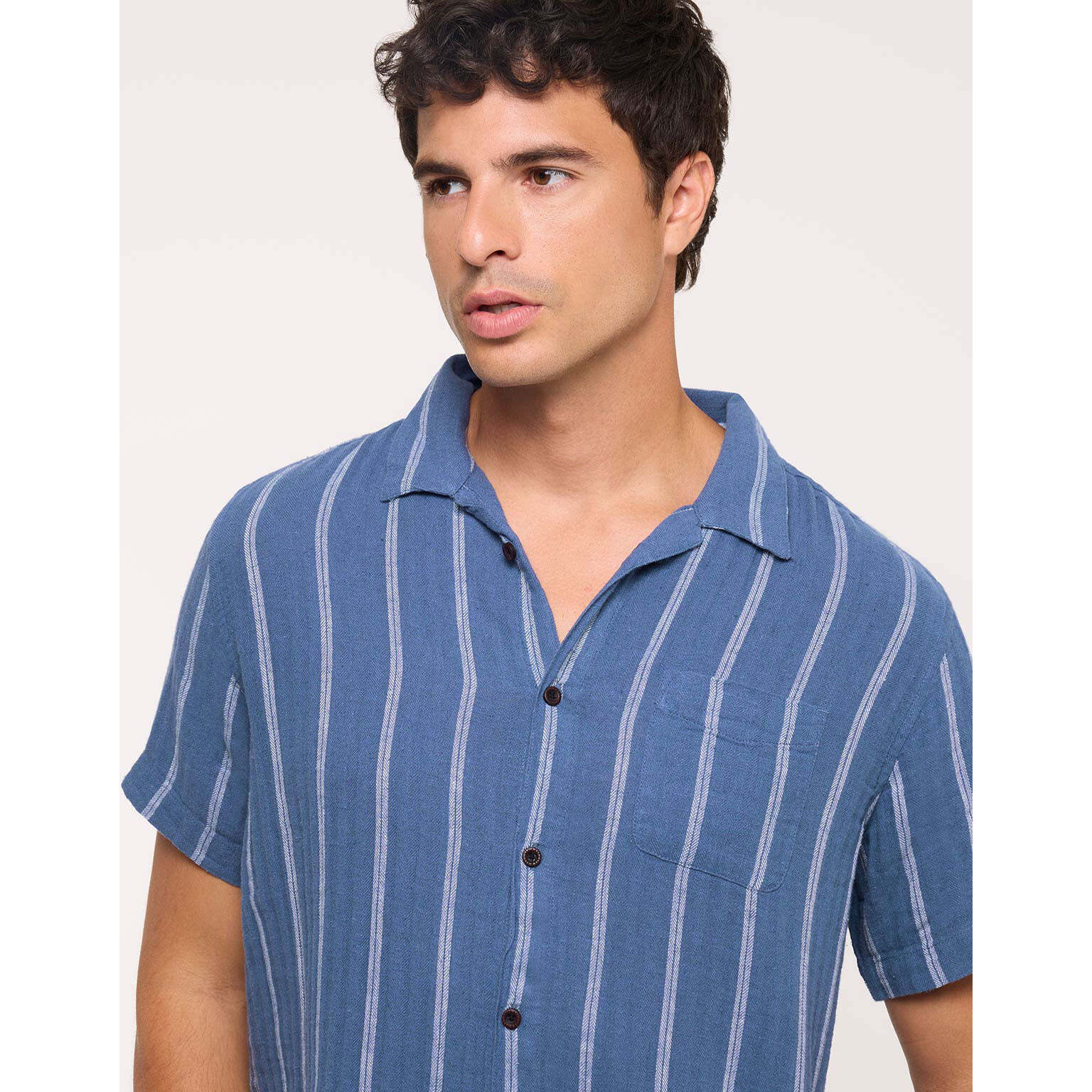 Camisa Manga Corta con Lino Azul Oscuro Rayas - Selvaire