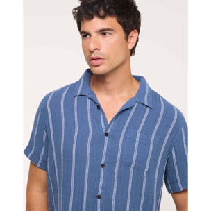Camisa Manga Corta con Lino Azul Oscuro Rayas - Selvaire