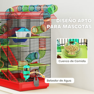 Jaula para Hámster de 5 Niveles, 47x30x59 cm, Casa para Animales Pequeños con Túnel, Comedero, Bebedero, Casita, Rueda de Ejercicio, Escaleras, para Ratas y Jerbos, Rojo