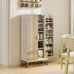 Armoire de cuisine design 2 portes effet claustra bois - 12 étagères de porte + 4 étagères internes - acier doré blanc