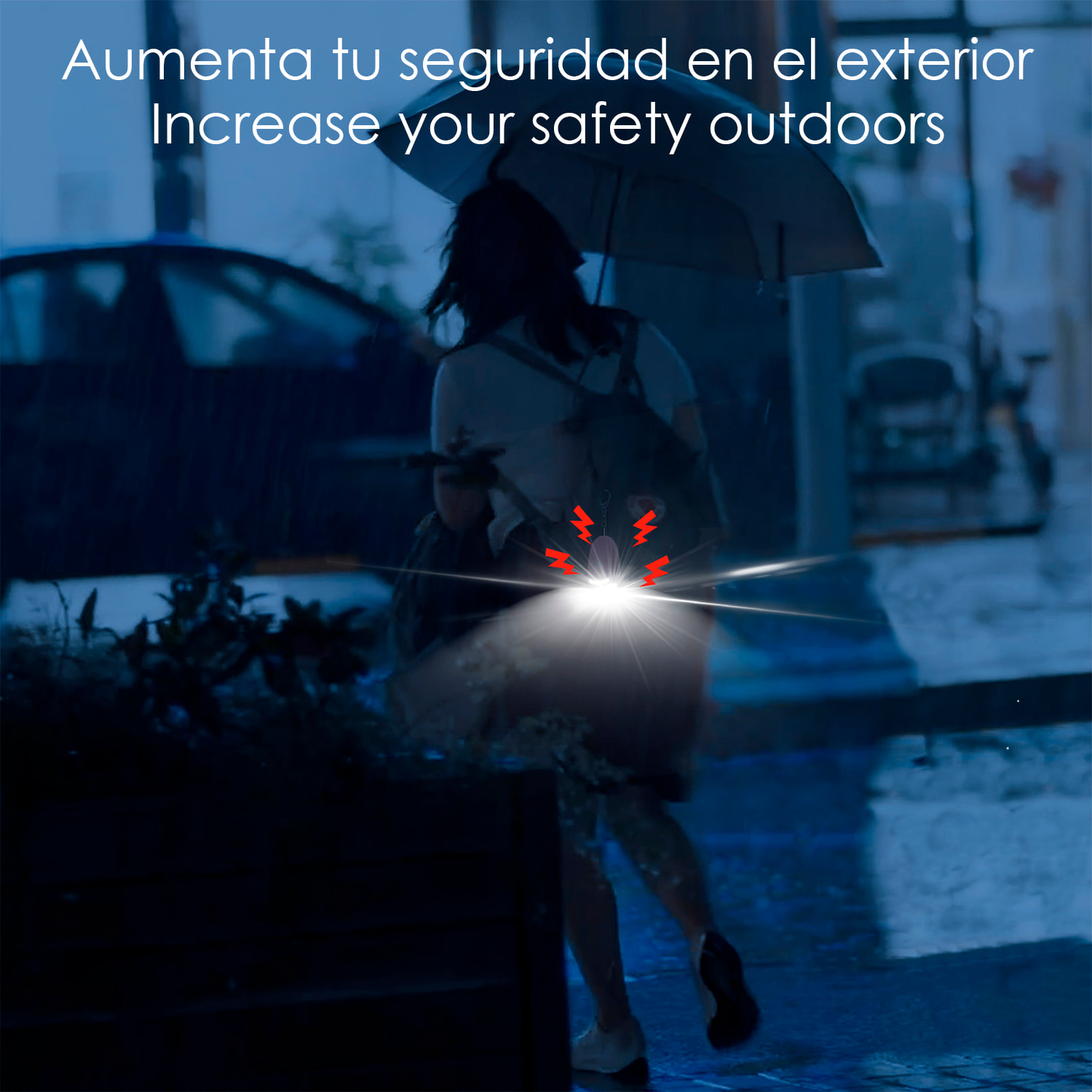 Allarme SOS personale con LED brillante e suono di 130 dB. Batteria ricaricabile e attivazione rapida tirando l'anello.