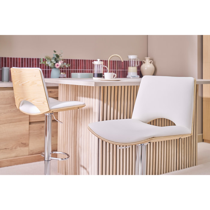 Tabouret de bar design réglable blanc et bois clair PANACH