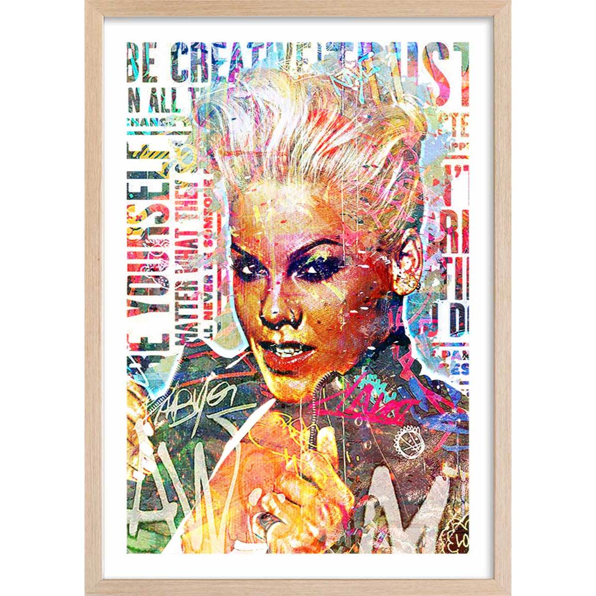 Affiche illustration graffiti pink Affiche + cadre en bois - Chêne