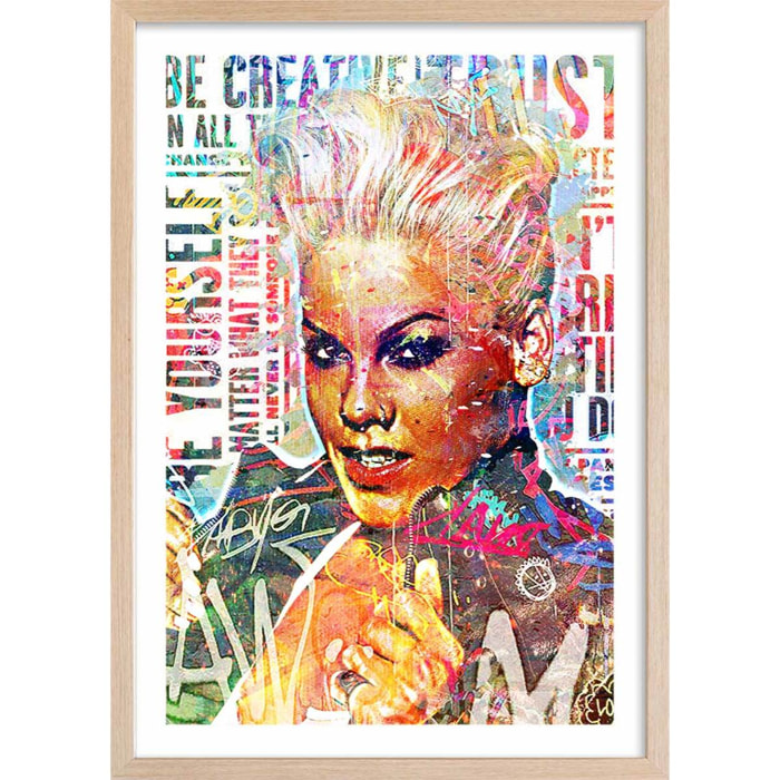 Affiche illustration graffiti pink Affiche + cadre en bois - Chêne