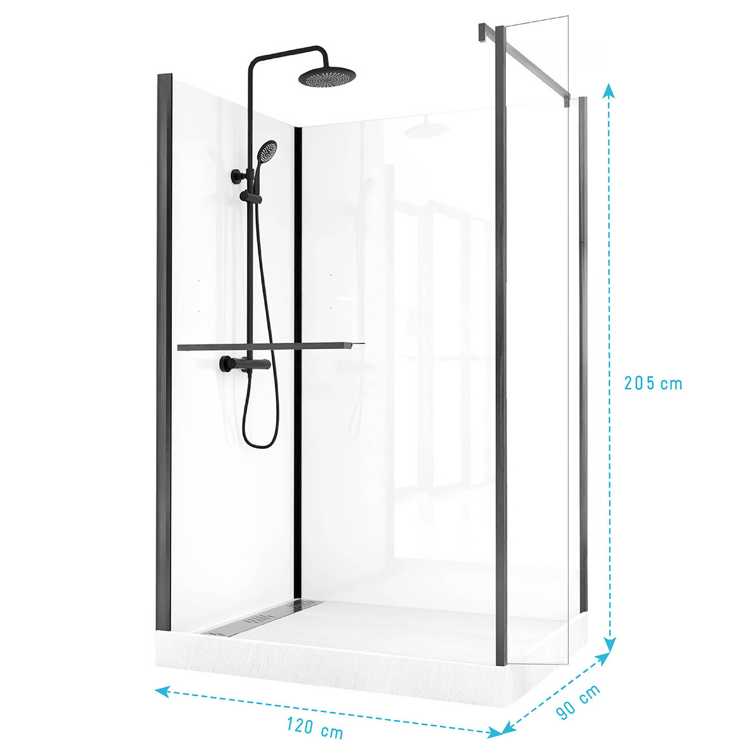 Cabine de Douche à l'Italienne 120x90 - Colonne Thermostatique Noire et Receveur Haut Effet Pierre