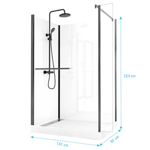Cabine de Douche à l'Italienne 120x90 - Colonne Thermostatique Noire et Receveur Haut Effet Pierre