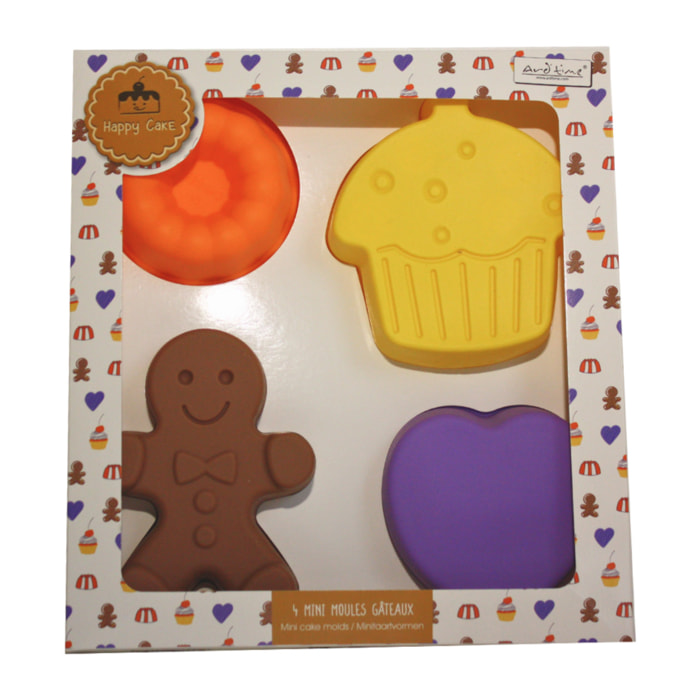 Lot de 4 mini moules en silicone forme gâteau, Happy Cake