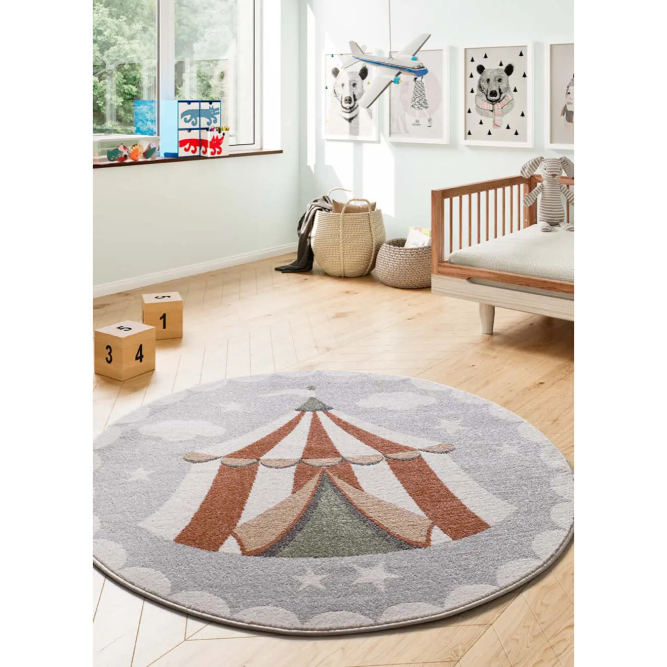 BEATS Alfombra redonda infantil circo gris, 120Ø cm
