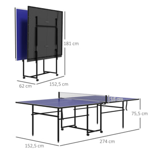 Mesa de Ping-Pong Plegable Mesa de Tenis de Mesa Profesional con 4 Ruedas Red 2 Palas y 3 Pelotas para Interior y Exterior 274x152,5x75,5 cm Azul